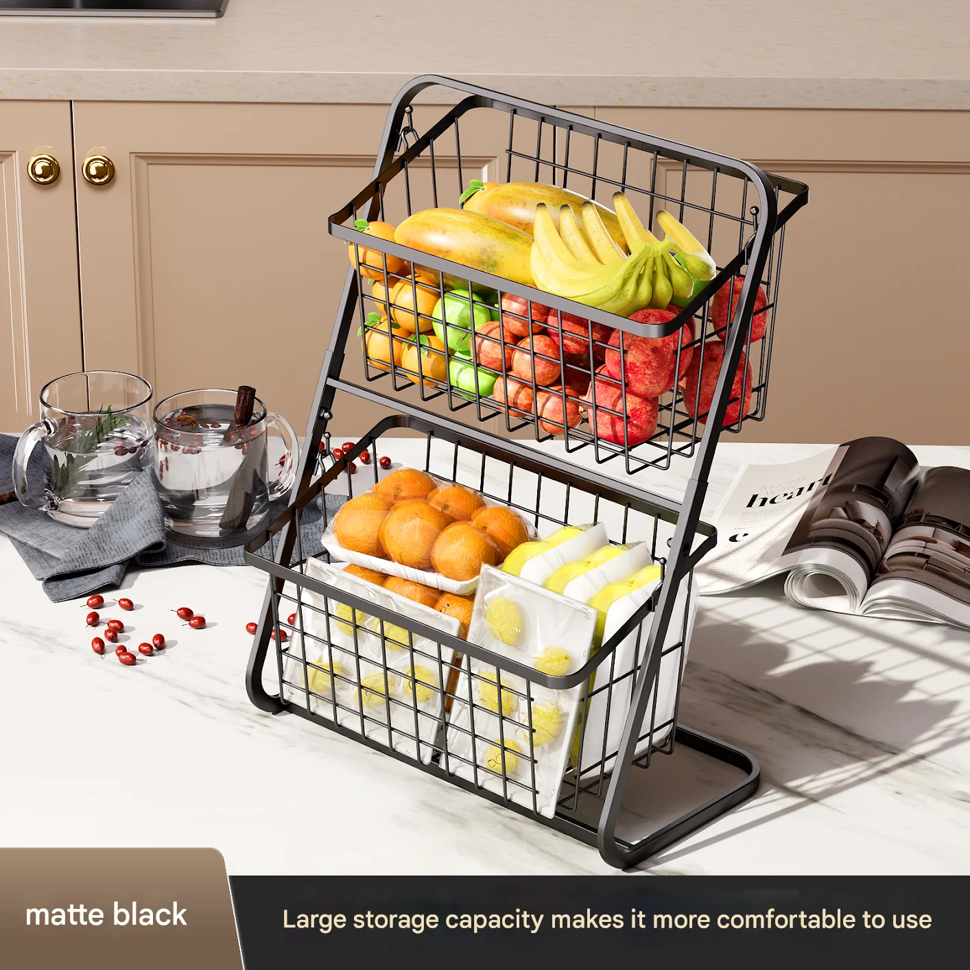 Scaffale per verdure da cucina, scaffale per verdure multistrato dal pavimento al soffitto nero, cesto portaoggetti per frutta e verdura per la casa