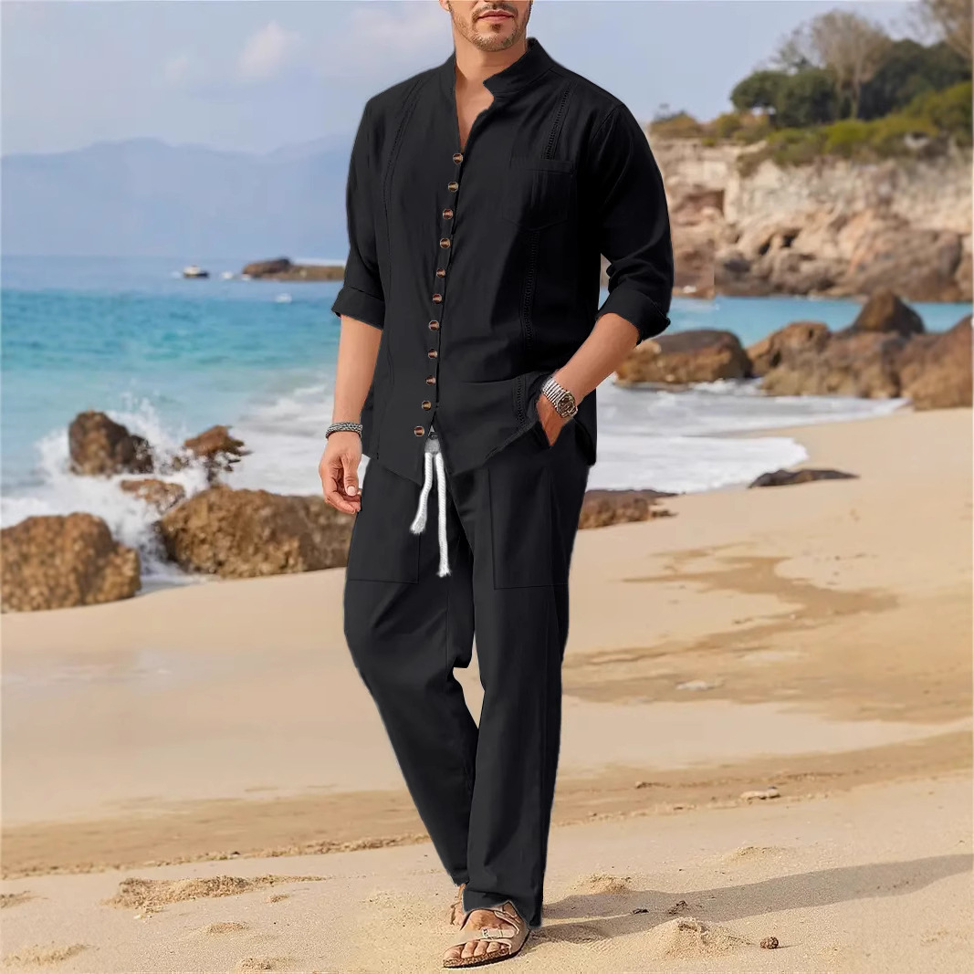 2025 Spring and autumn Cuban style fashion men's shirt trend casual multi-button stand collar loose long sleeve pants beach suit