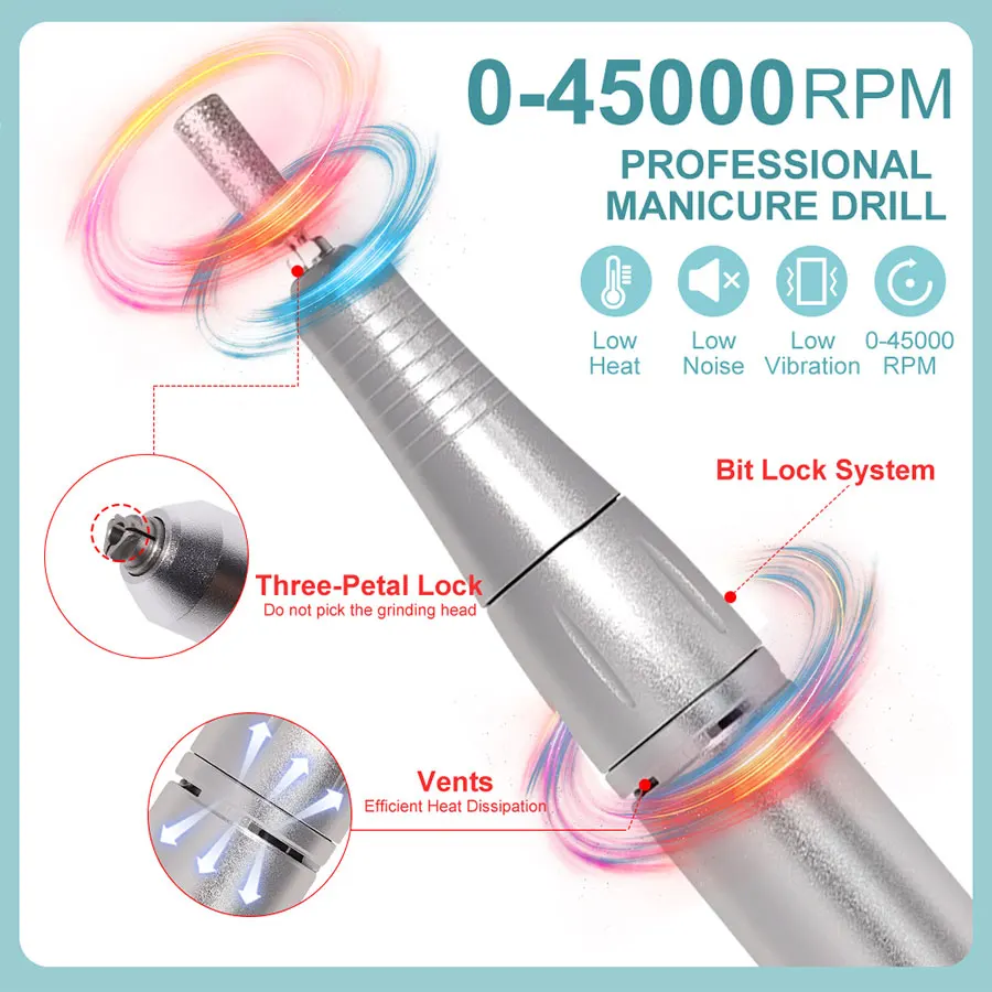 Lima de uñas eléctrica profesional de 45000RPM, taladro eléctrico recargable para uñas, lima lijadora de uñas de poco ruido para herramienta de salón de manicura