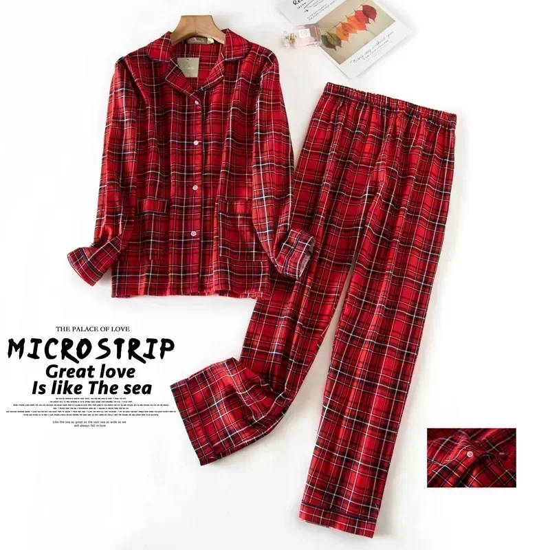 Pijamas de mujer de talla grande S-XXXL, ropa de franela de algodón para mujer, traje para el hogar, pijamas de Otoño Invierno, Tops para dormir con estampado a cuadros