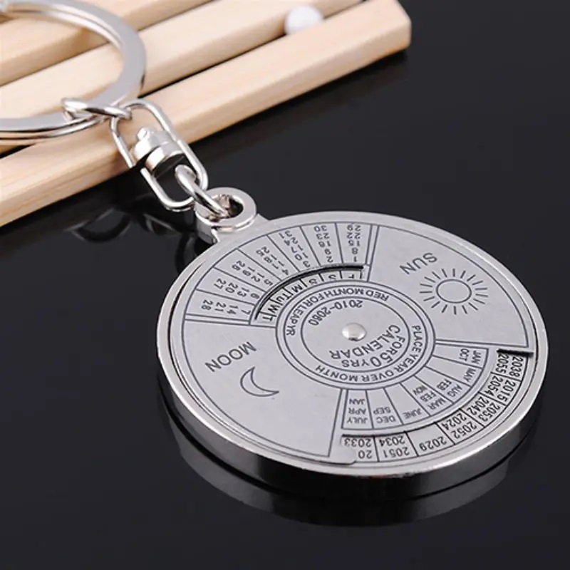 Portachiavi con calendario perpetuo da 50 anni Portachiavi per auto in metallo argentato Ornamento Borsa Borsa Accessori per ciondoli Regalo personalizzato