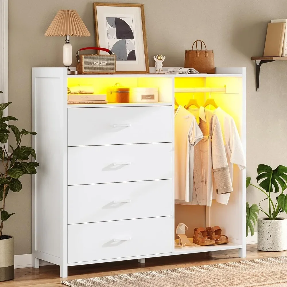 Children's Wardrobes, White Dresser for Bedroom with Clothing Rack, Dressers& Chests of Drawers,4 Drawer Dresser with LED Lights