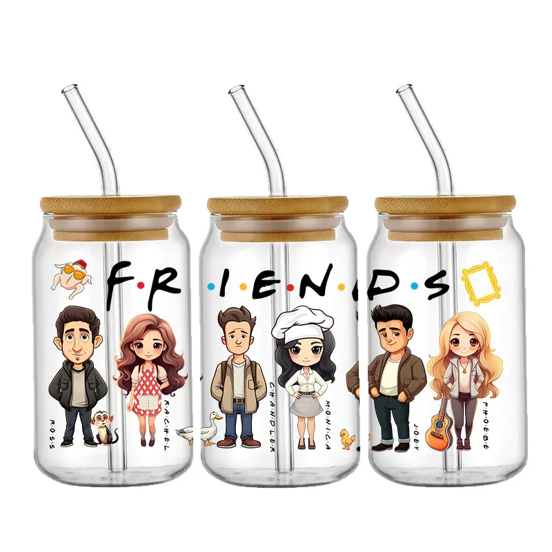 Pegatinas de transferencia de amigos, impermeables, UV, DTF, taza, pegatina envolvente, DIY, calcomanía 3D para vidrio Libbey de 16oz