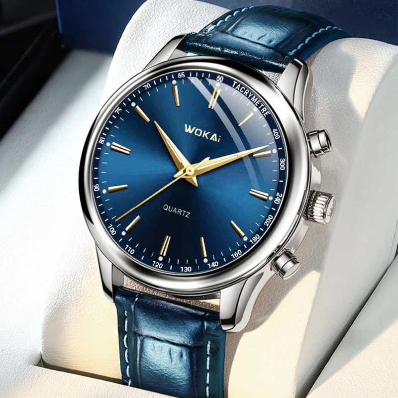Reloj de pulsera informal para Hombre, Reloj de pulsera elegante de cuarzo azul con correa de cuero, Reloj de regalo para Hombre