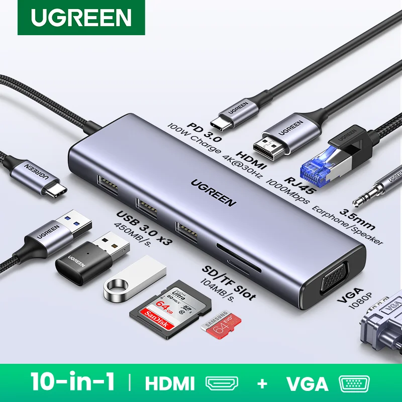 UGREEN-concentrador de red USB tipo C a HDMI, RJ45, Ethernet, PD100W, 10gbps, 4K60Hz, para MacBook, iPad, Huawei, Samsung, PC, tableta, teléfono, USB 3,0