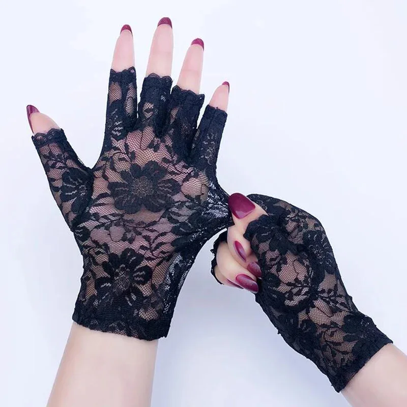 Guantes cortos de encaje para mujer con medio dedo