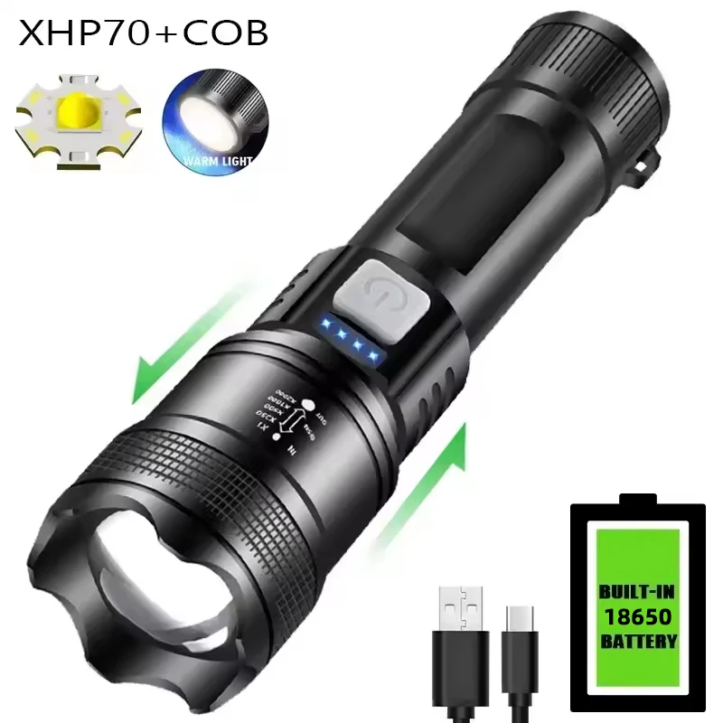 Lumière tactique Ultra lumineuse 5000LM, batterie intégrée, lampes de poche Led P70 puissantes, projecteurs d'urgence, Zoom télescopique