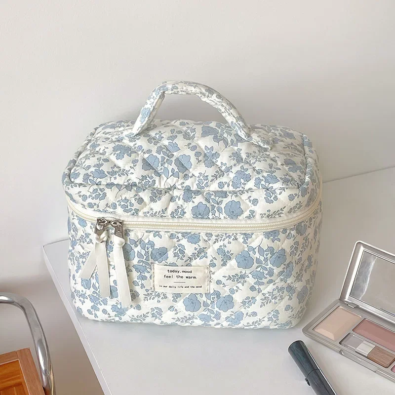 1 pz cotone fiore blu borsa per cosmetici da donna borse portaoggetti in tessuto piccola custodia per organizer da viaggio di grande capacità custodia per trucco da donna