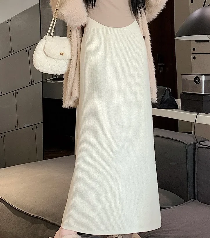 Falda De Punto Gruesa Y Acolchada Para Mujer Estilo Coreano Cintura Alta Ajustada Y Elegante Con Abertura Recta Y Larga Para ...