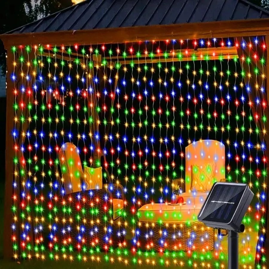 1 cortina de luces solares, 300/200/100LED, luces de hadas impermeables para exteriores/interiores, para Festival, luces LED de Año Nuevo, Navidad