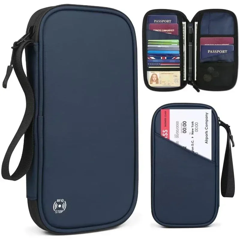 Capa leve para passaporte de viagem familiar, carteira com zíper, bolsa organizadora de documentos oxford com alça de pulso removível para mulheres e homens