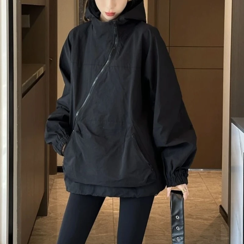 Mulheres jaquetas com capuz diagonal zíper design vintage outono baggy moda bf estilo ao ar livre chaqueta mujer lazer all-match senhora