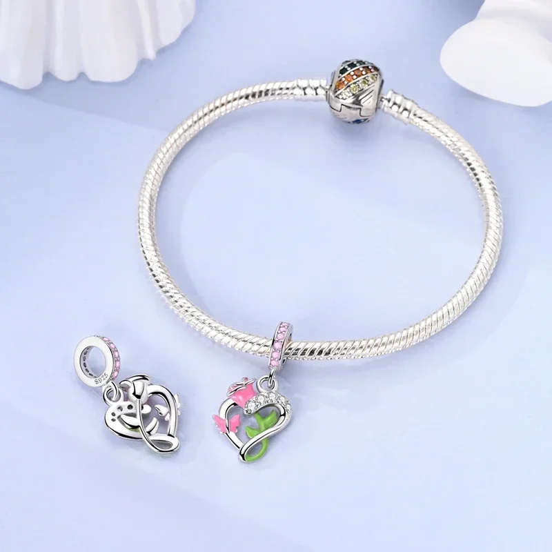 Novo 925 prata esterlina rosa flor balançar charme borboleta coração flor rosa pássaro grânulo para colar diy pulseira jóias finas