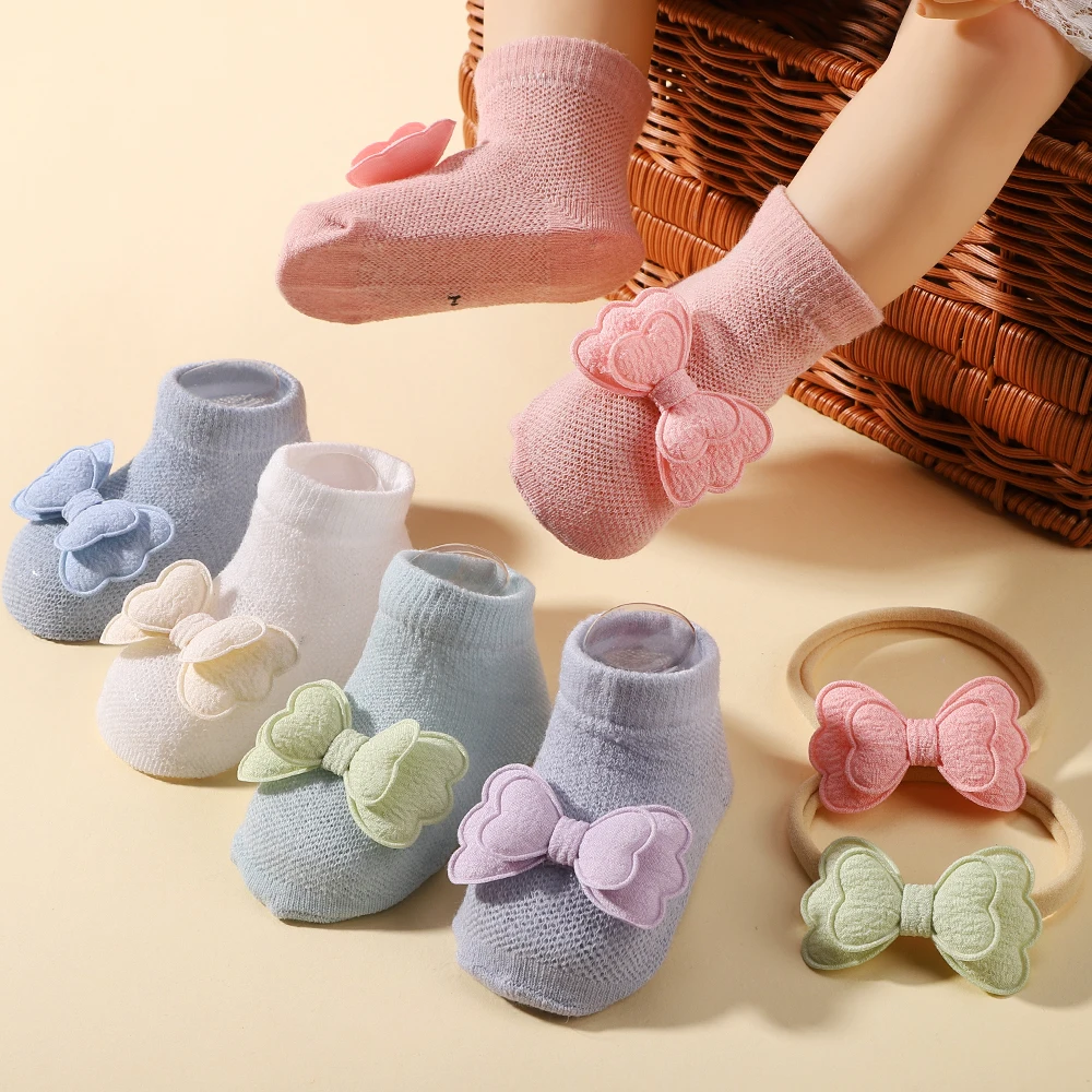 Juego de calcetines suaves para bebé, Diadema de algodón sólido, calcetines transpirables con lazos bonitos, accesorios de ropa para niña pequeña de 0 a 1 año