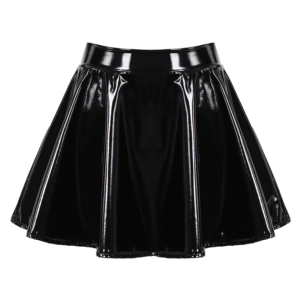 여성용 플레어 미니 스커트 광택 특허 가죽 스커트 댄스 공연 미니 스커트 Clubwear 코스프레 의상 복고풍 드레스