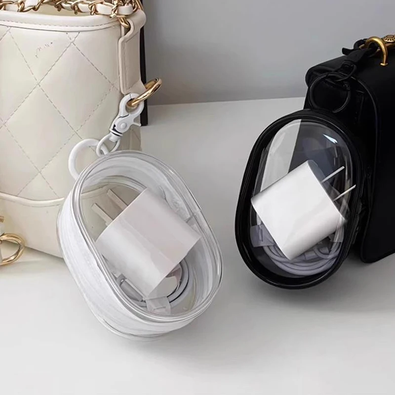 กระเป๋าจัดระเบียบ tas kosmetik โปร่งใส PVC ทรงรีสีดำสีขาวกระเป๋าจัดแสดงตุ๊กตาหูฟังแบบพกพาสายข้อมูลเหรียญกระเป๋าสำหรับเก็บอุปกรณ์ชาร์จ