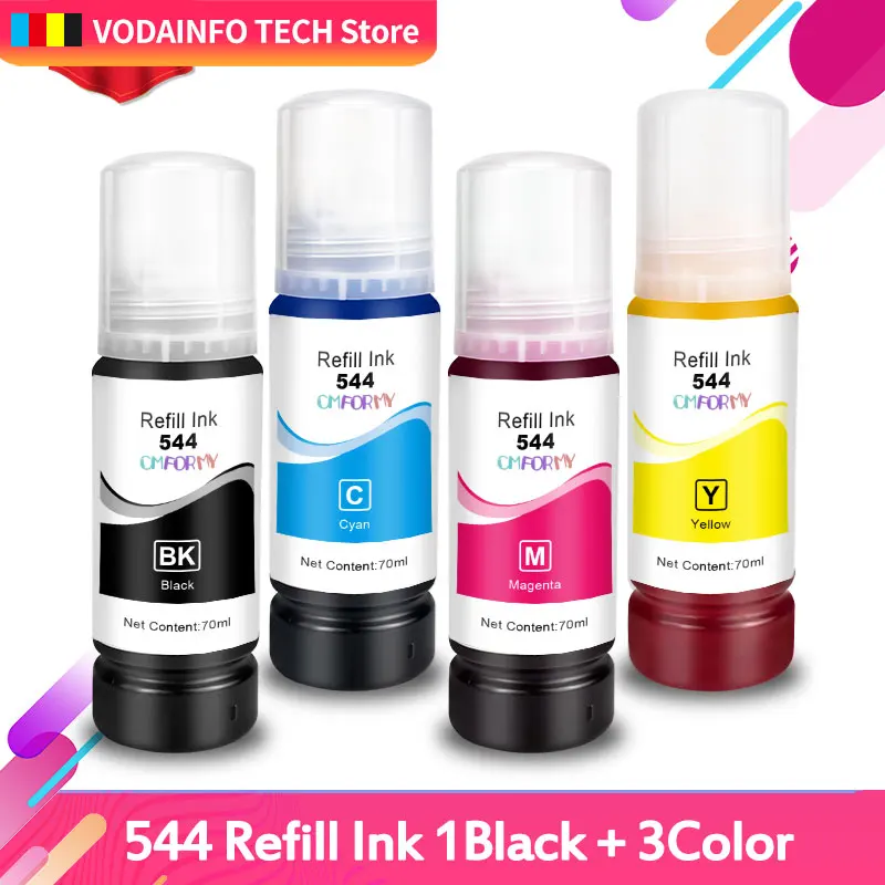 T544 544 Чернила для красителей, 70 мл, комплект для заправки бутылок, подходит для СНПЧ для струйного принтера Epson EcoTank L3150 L3110 L3100 L3210 L3250 L1110 5190
