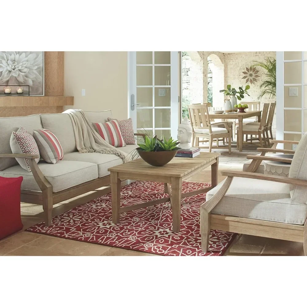 Outdoor Sofa,Clare View Coastal Outdoor Patio Eucalyptus Sofa with Cushions, Beige35"D X 81"W X 37"H,Outdoor Sofa