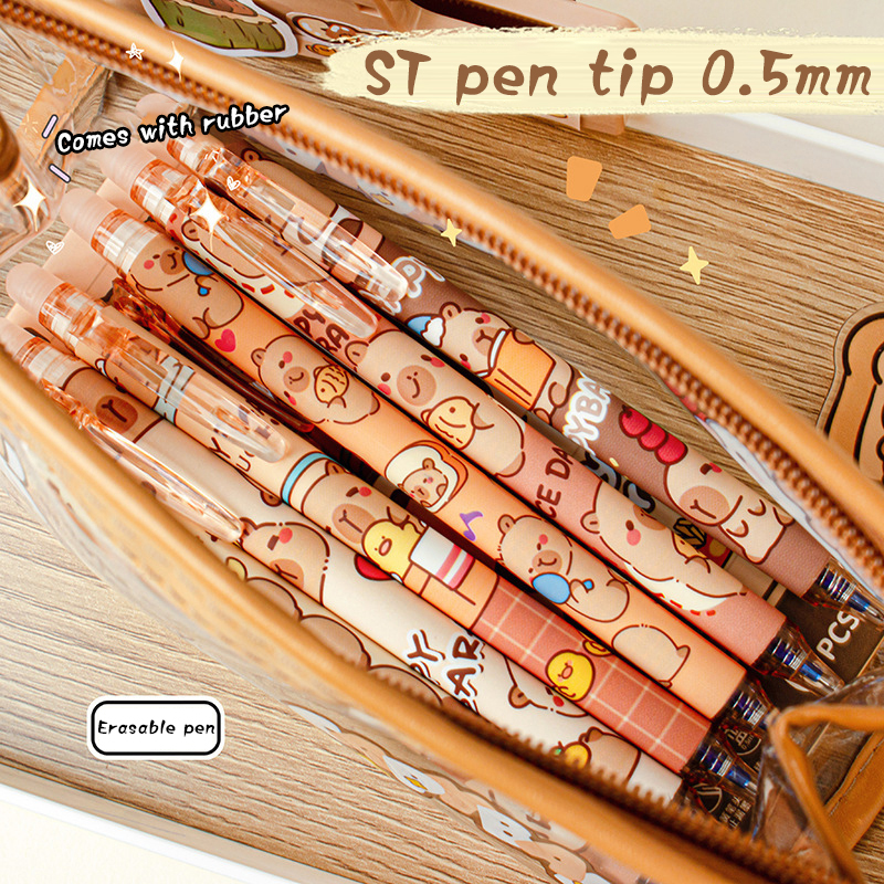 Stylos à Gel Capybara mignons, ensemble de 6 stylos Kawaii, effaçables bleus à séchage rapide pour le bureau et l'école, papeterie esthétique Kawaii