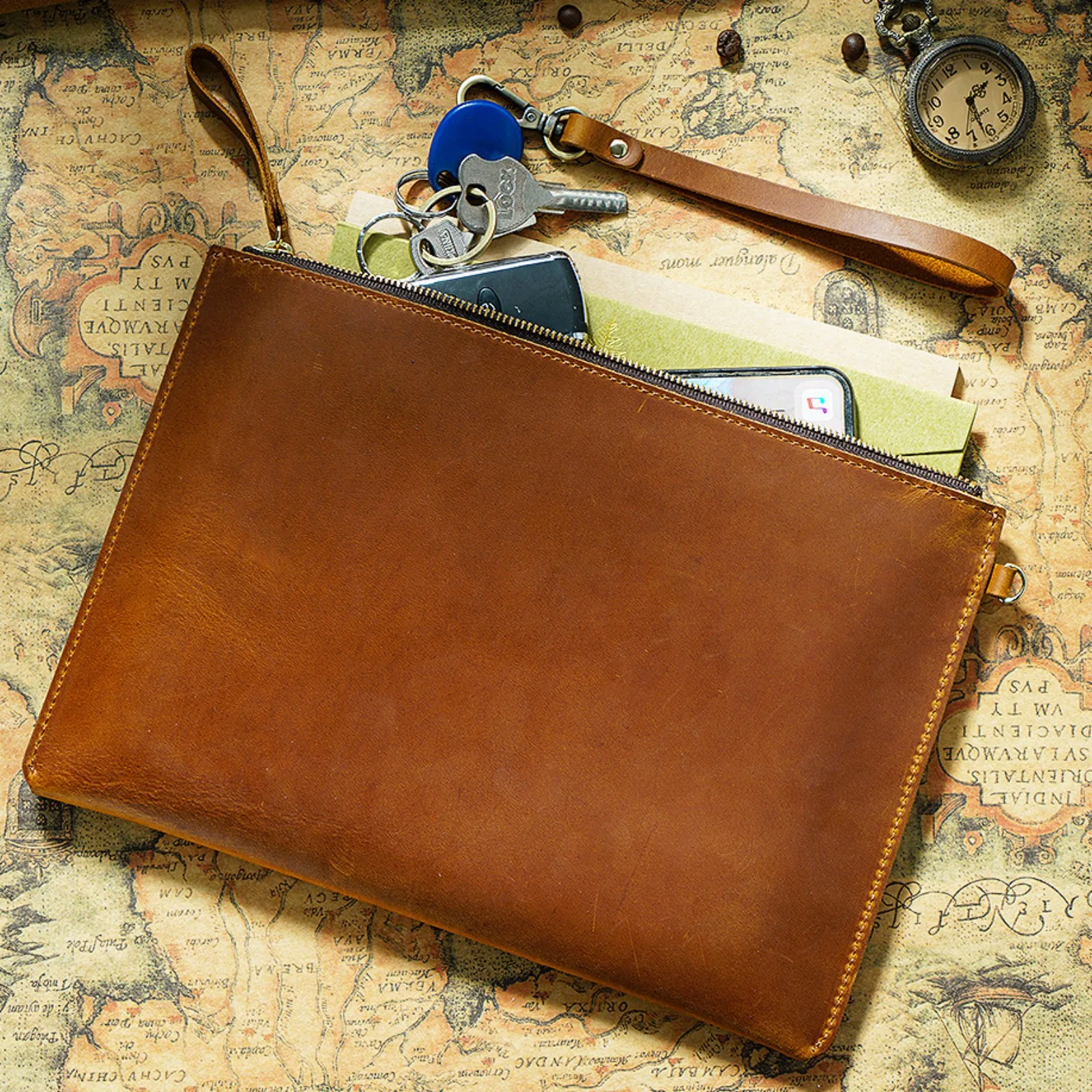 Autentyczna skórzana etui na dokumenty w stylu vintage z zamkiem błyskawicznym, smukły uchwyt na dokumenty do iPada Mini i smartfona, podróż, biuro