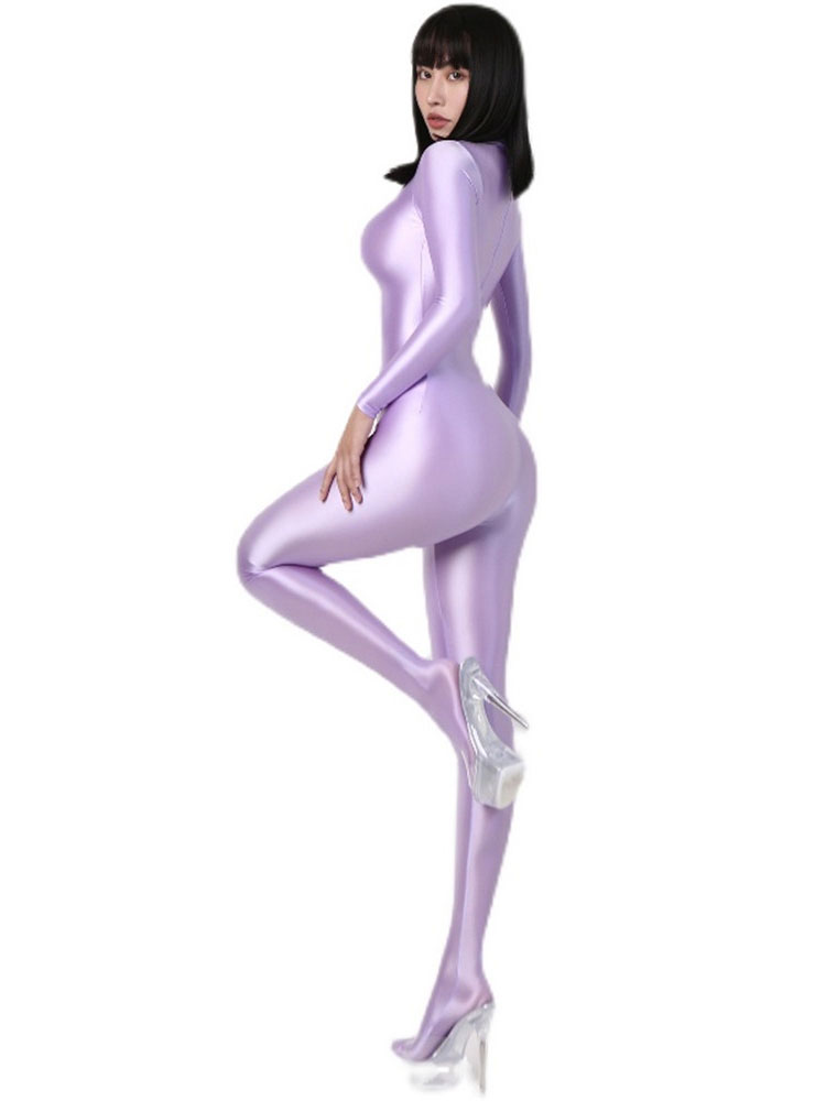 Kobiety tłuste błyszczące elastyczne body z długim rękawem Bodycon pajacyki jednoczęściowy strój kąpielowy jedwabiste rajstopy satynowe rajstopy kombinezony stringi