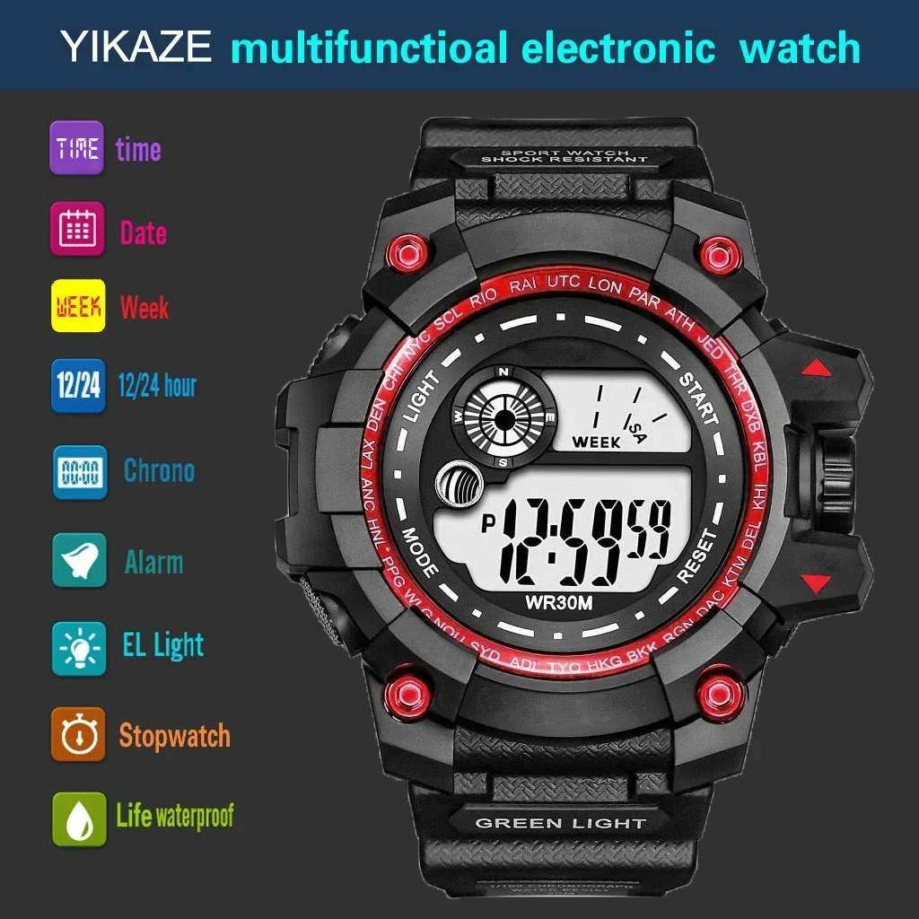 Reloj deportivo YIKAZE para hombre, reloj Digital LED resistente al agua, relojes deportivos de Fitness con esfera grande, reloj de pulsera electrónico multifunción para hombre