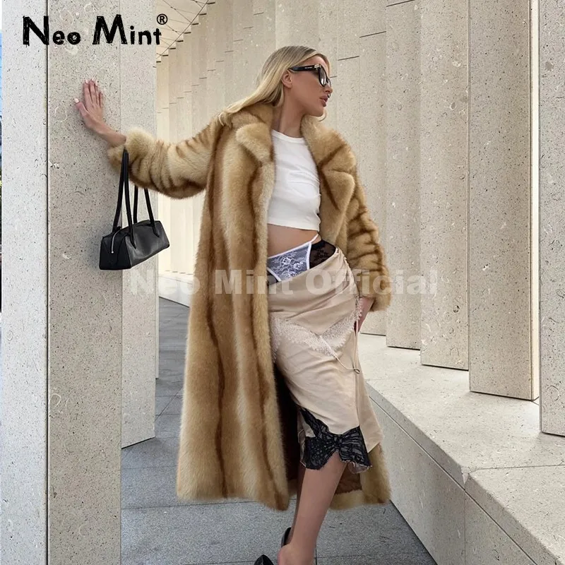 Neo mint pista moda amarelo listrado maxi longo casaco de pele do falso jaqueta feminina inverno marca fofo pele de raposa casaco meninas outerwear