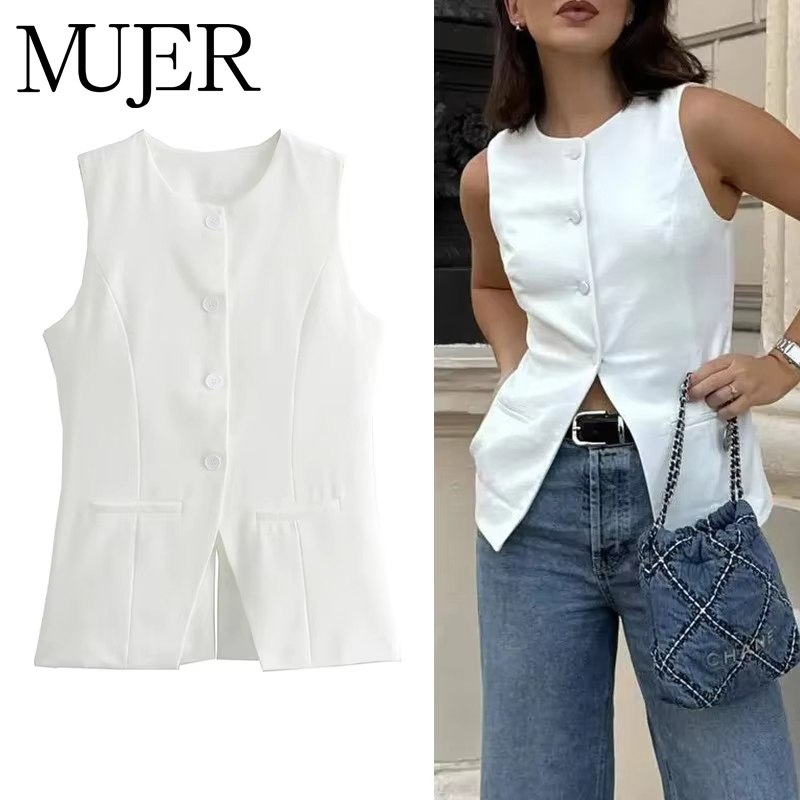 MUJER 2025 Frauen Weste Taste Ärmellose Jacke Frauen Weste Sommer Weiße Weste Frau Mode Elegante frauen Anzug Weste Mantel