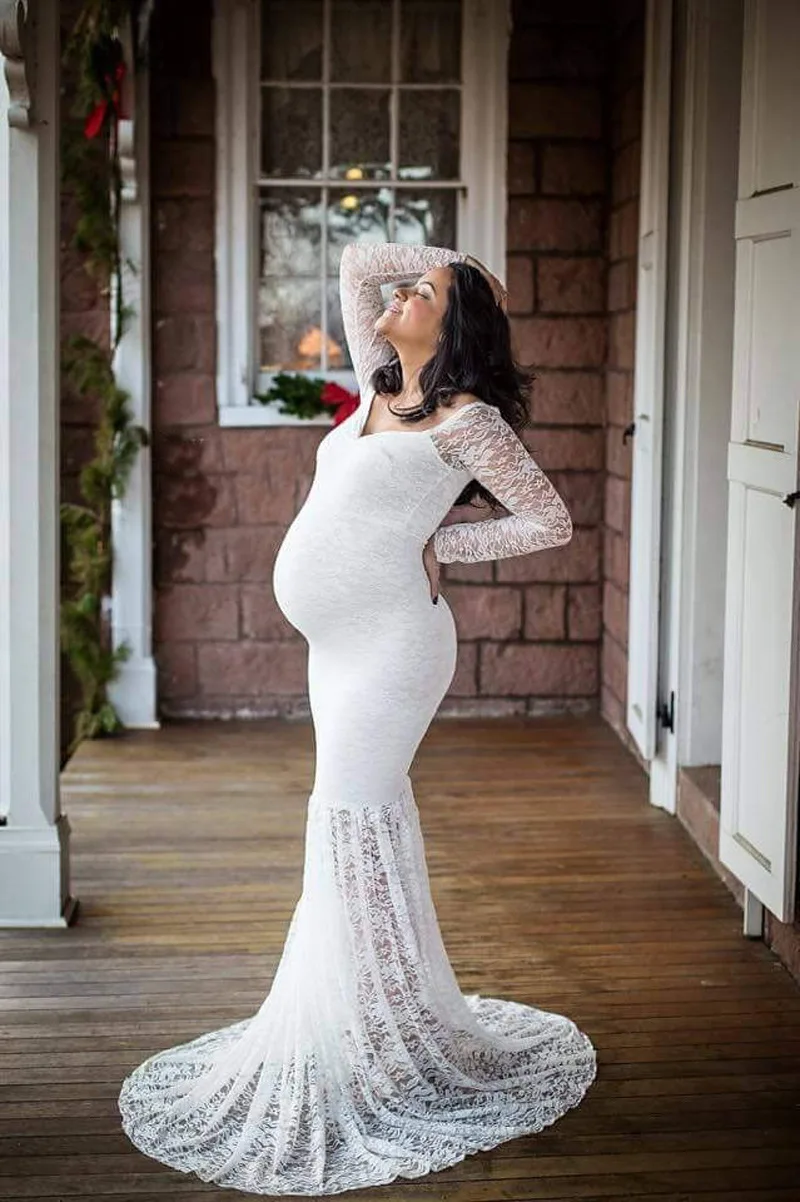 2025 Mermaid Maternityชุดสําหรับถ่ายภาพลูกไม้Maxiชุดคลุมท้องปิดไหล่เซ็กซี่ผู้หญิงชุดการตั้งครรภ์การถ่ายภาพProp