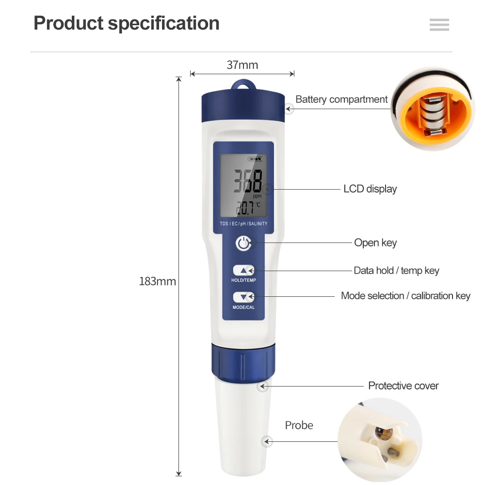 5 In 1 デジタル PH TDS EC メーターペン塩分温度テスター導電率フィルター純度バックライト付き水族館の水用