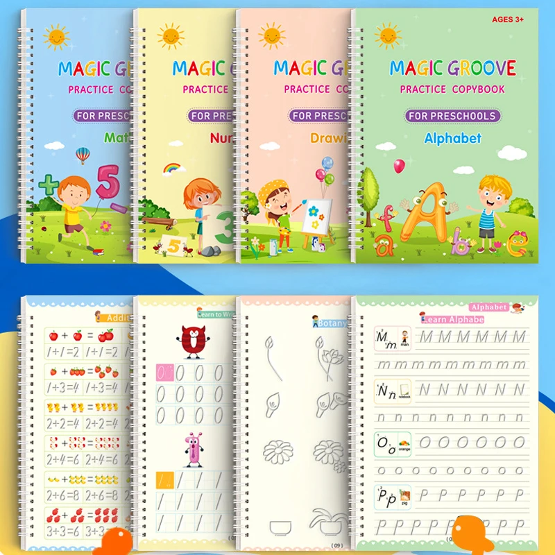 4pcs Magic Groove Practice Copybook ปากกาก่อนวัยเรียนภาษาอังกฤษ Verison เด็กตัวอักษรเด็ก Reusable เขียนหนังสือเช็ดฟรี