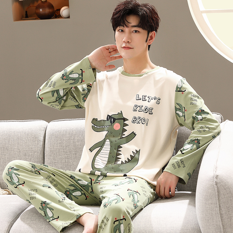 Primavera mangas compridas dormir topos calças pijamas para homens pijamas de algodão terno masculino dos desenhos animados casual casa roupas pjs homme