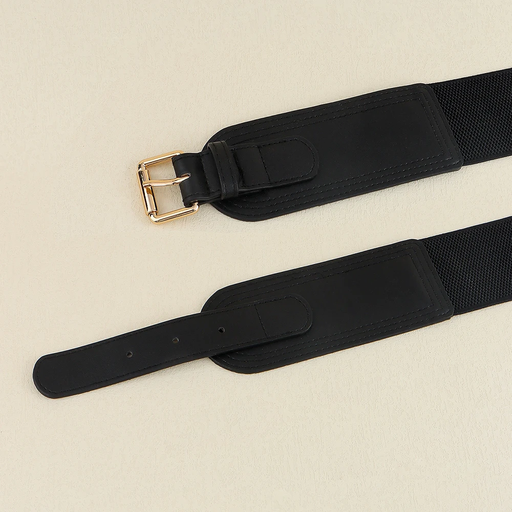 Cinto feminino elástico com fivela de pino quadrado, cinto largo elástico com jaqueta de terno