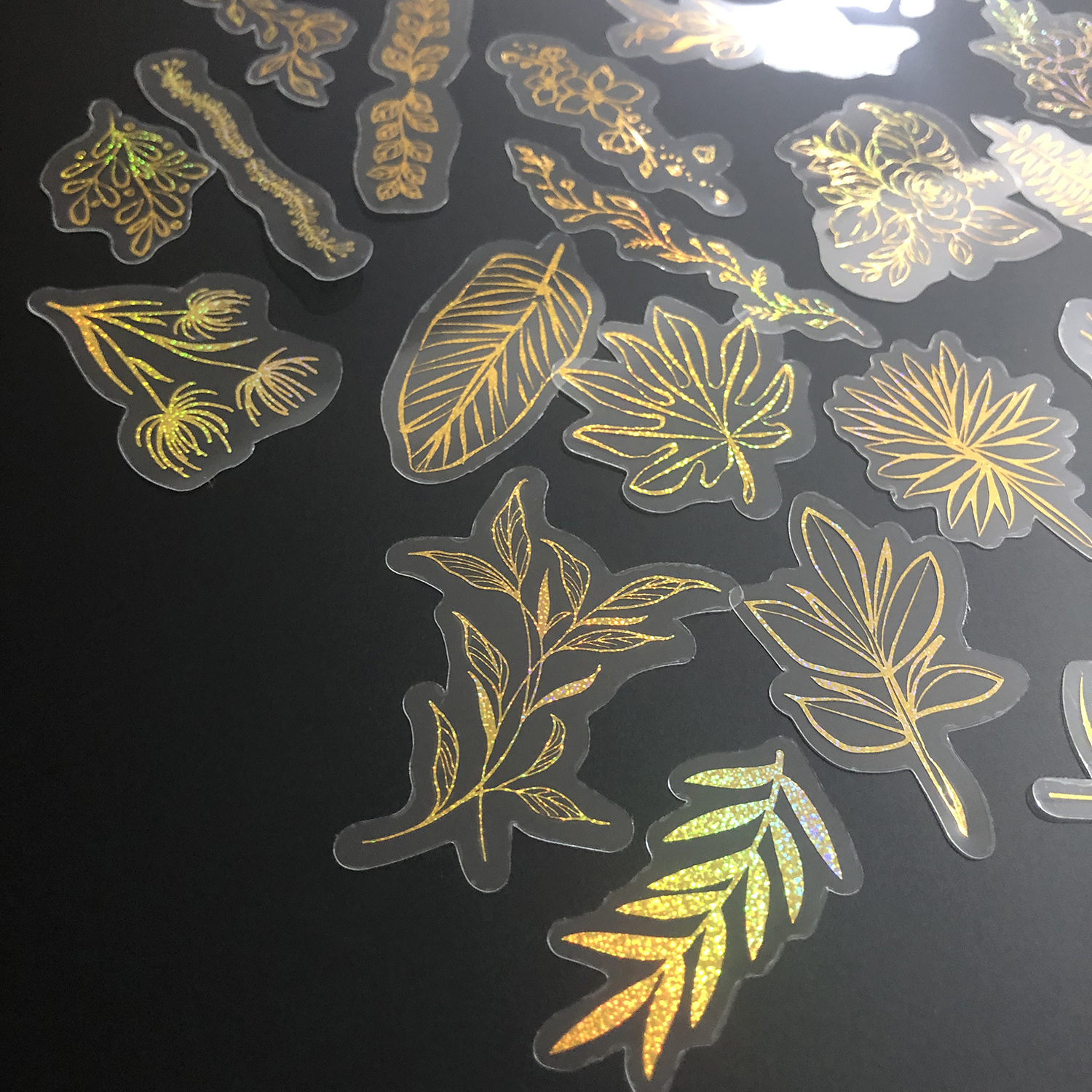 80 ชิ้น Glitter Gold สติกเกอร์ดอกไม้, กันน้ําโปร่งใสสติ๊กเกอร์ตกแต่ง, สัตว์เลี้ยงกาวสติกเกอร์ป้าย