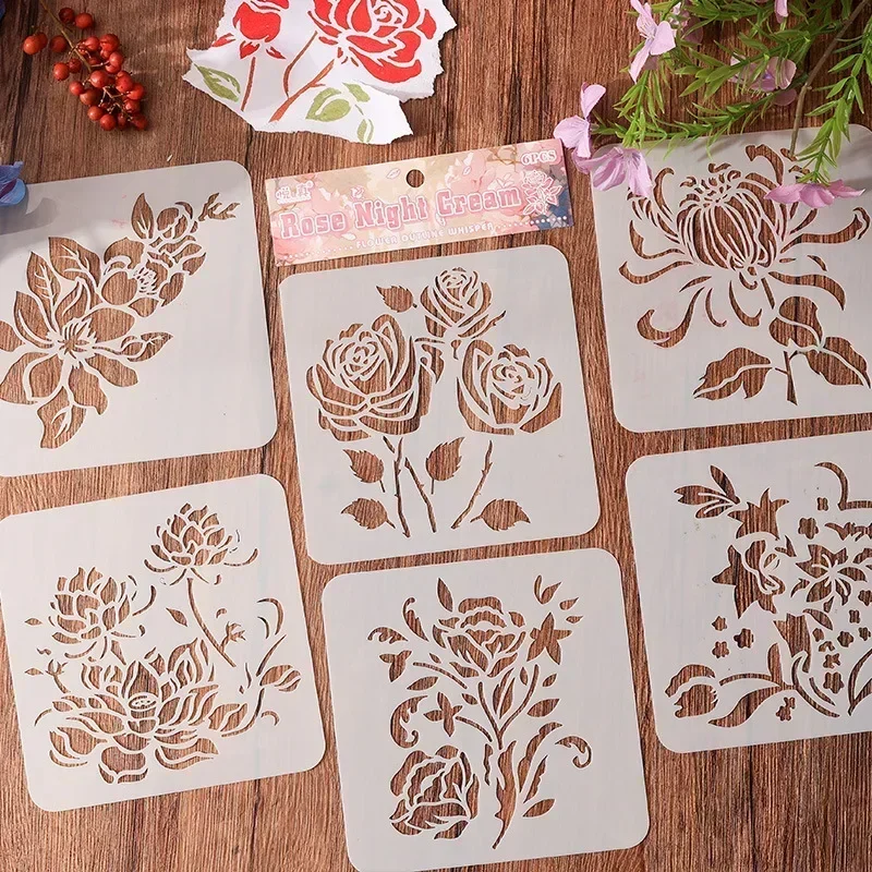 6 unids/set de plantillas florales estéticas Retro, plantillas para diario de recortes para pintar, Mini plantillas de plantilla de plástico portátiles para pared
