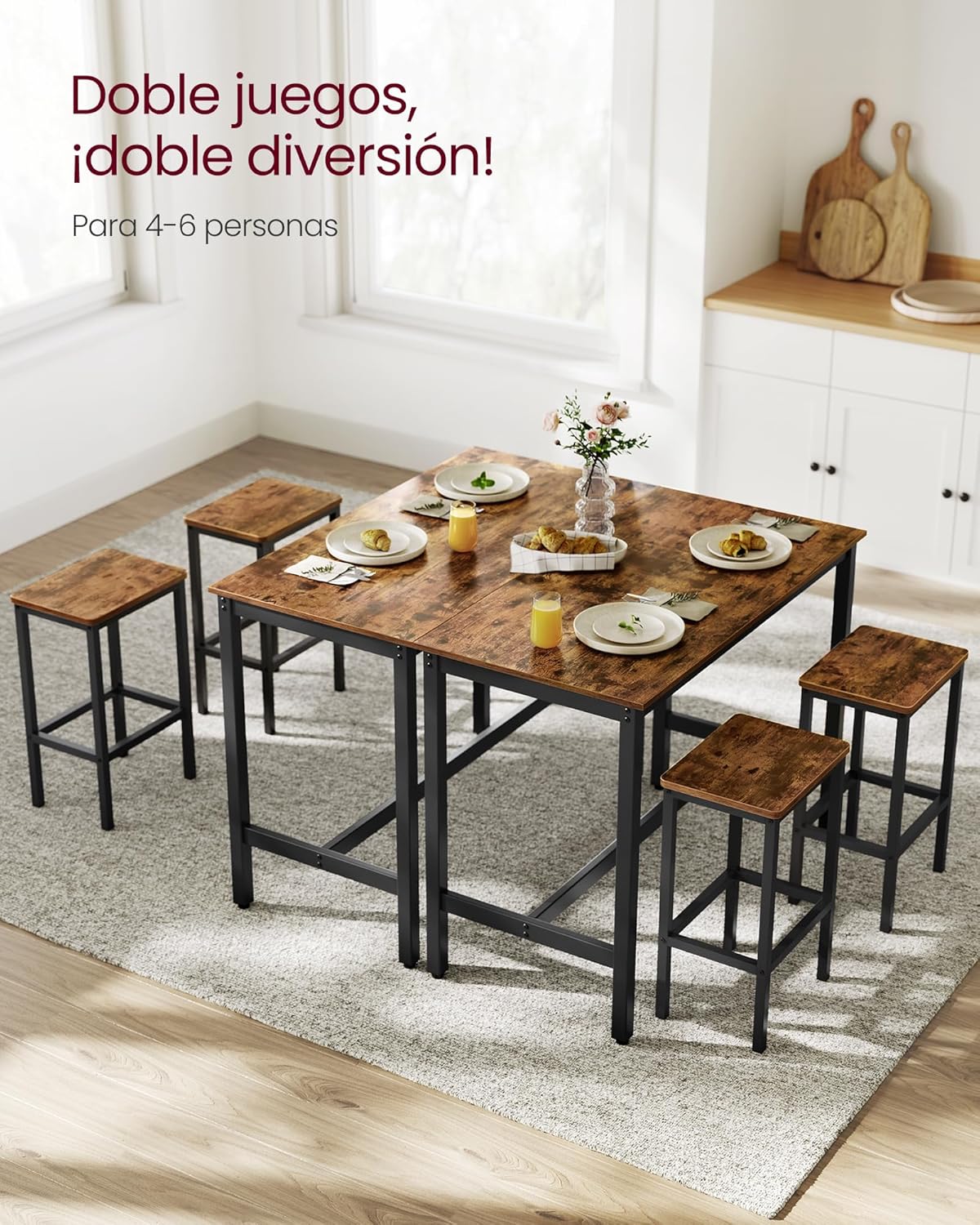 Juego 2,Mesa taburetes, cafetería sillas Bar, para Cocina, Sala Estar,Comedor, Madera ingeniería Aleación Acero,120 x 60 x 90 cm