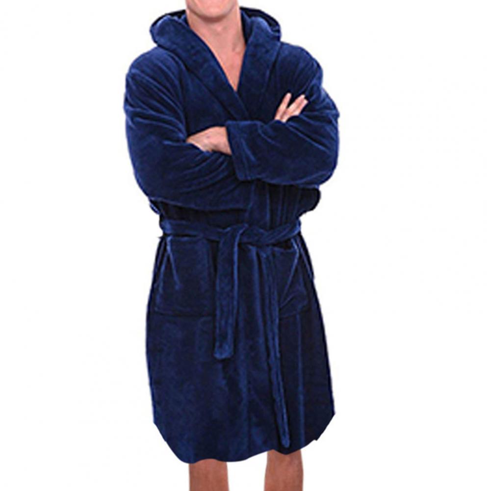 Bata de baño de franela con cinturón de Color liso, camisón cálido con bolsillos y capucha para hombre, bata de pijama larga y gruesa absorbente, ropa de baño para el hogar