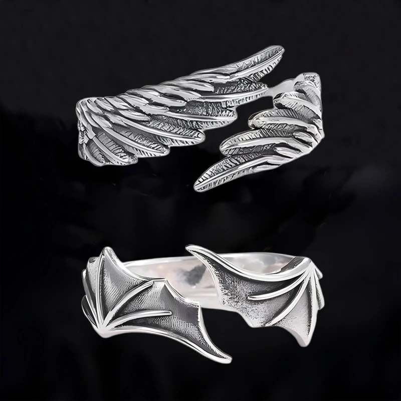 TrendMen Hiphop Rock Angelo Diavolo Ala Coppia Anelli per uomo Ragazzi Argento Colore Metallo Dita Accessori Regali per gioielli per feste