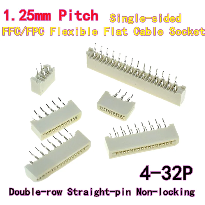 10PCS 5PCS 1.25mm Passo Single-sided FFC/FPC Presa per cavo piatto flessibile Doppia fila perno dritto Non bloccabile 4P-32P 5/6P7P10P/20P