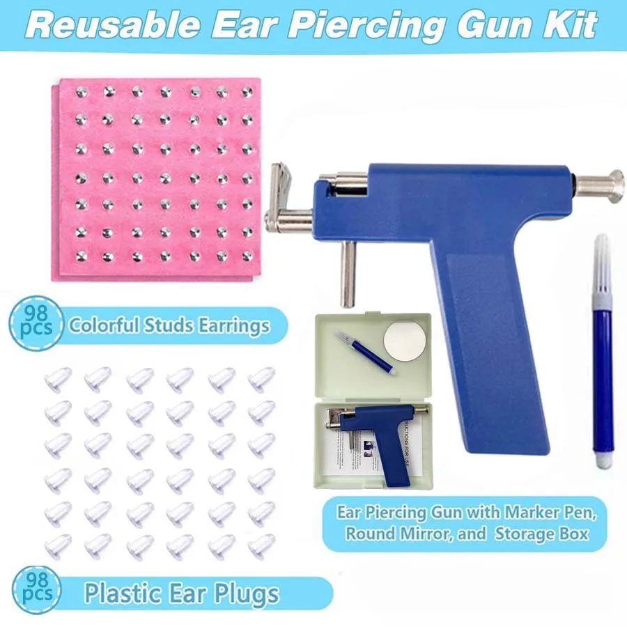 Kit professionale per pistola per piercing all'orecchio con 98 pezzi di orecchini a bottone in acciaio inossidabile-Piercing per pistola di sicurezza