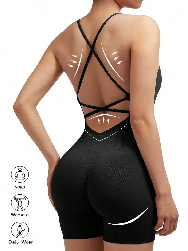 Tuta fitness sexy da donna Tuta sportiva regolabile incrociata da corsa Tuta da yoga in un pezzo Pantaloncini scrunch Set senza schienale Pagliaccetto