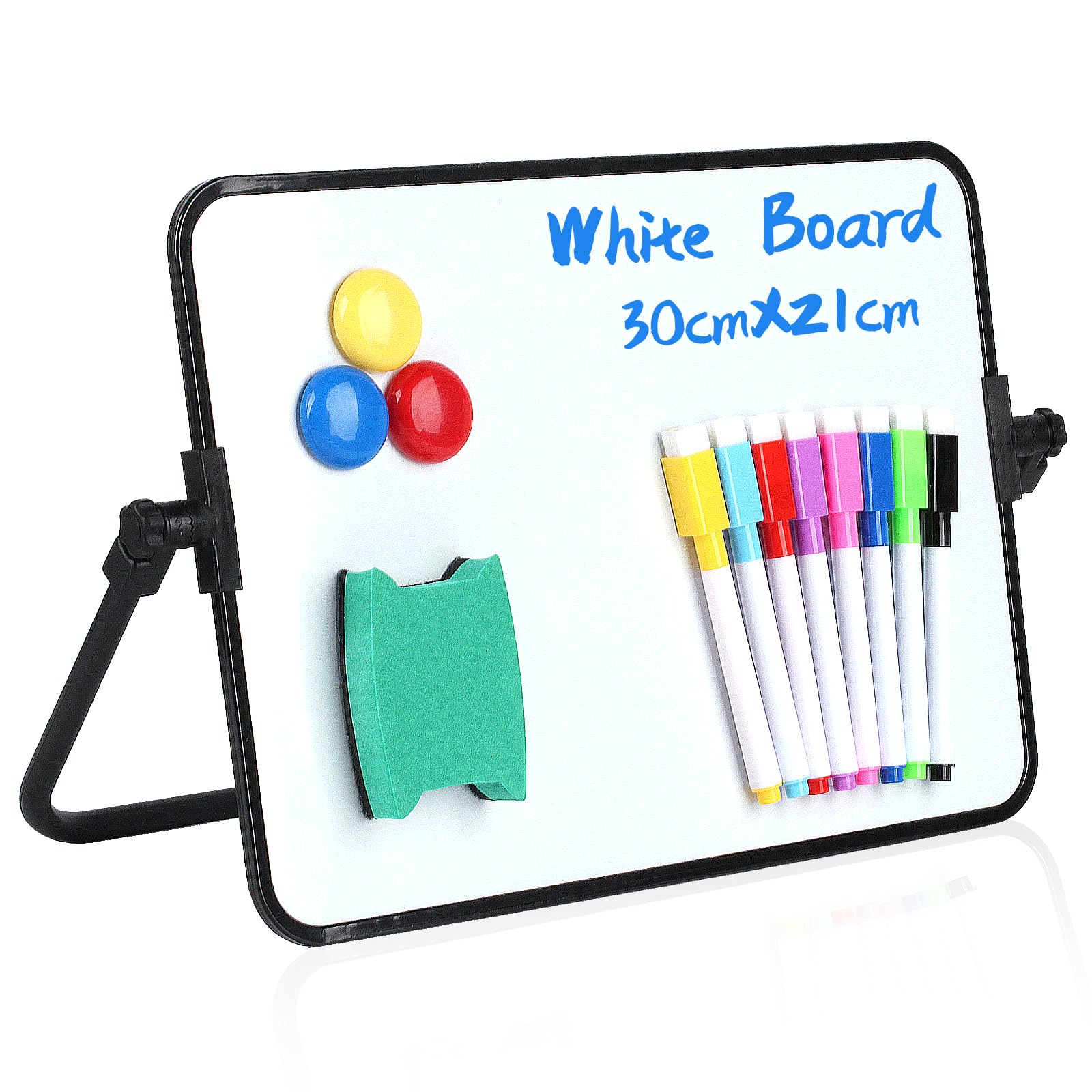 A4 Magnetic Whiteboard (30x21cm) - Double-Sided Dry Erase Board w/ Pens, Eraser & Magnets