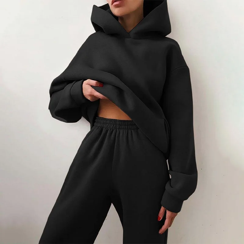 Sólido grosso com capuz conjunto com capuz feminino elástico calças compridas conjunto de duas peças roupas grande bolso design quente solto casual outono inverno