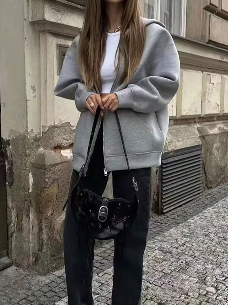 TRAFZA Winter Nieuwe vrouwen Rits Hoodie Jas High Street Dubbele Zakken Jakcet Oversize Losse Sweatshirts Bovenkleding Top