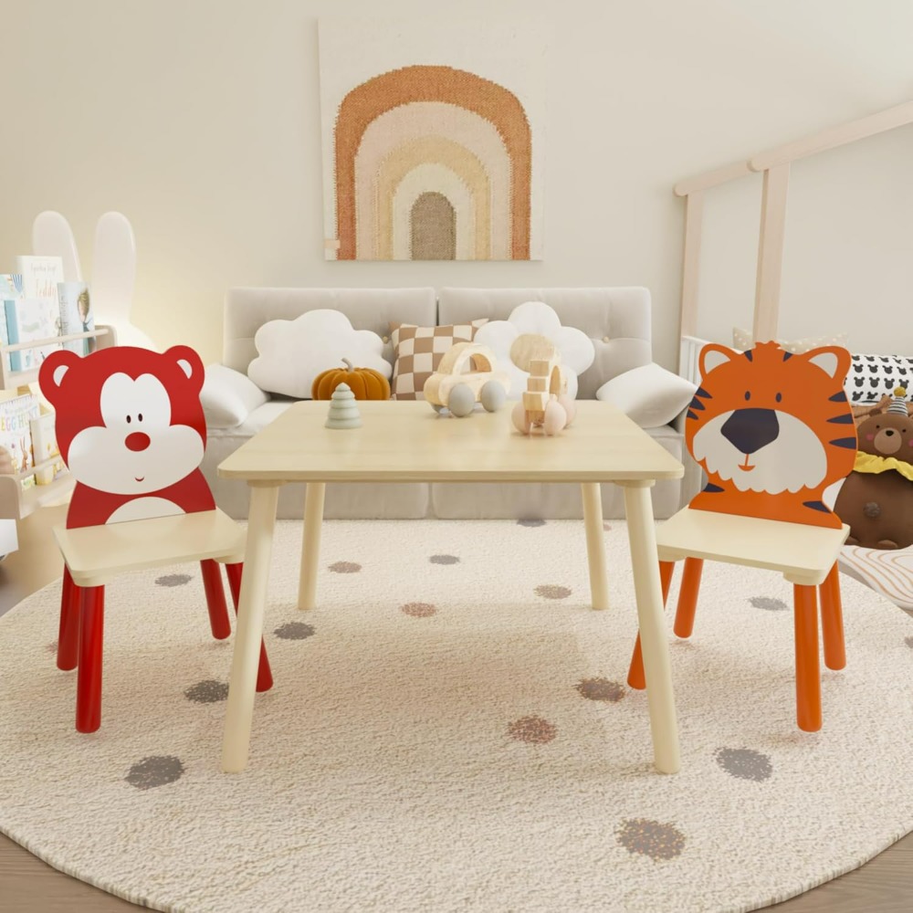Kids Table and Chair Set, Wooden Toddler Table Set with 2 Chairs, Children Adorably Animal Activity Table for Reading, Drawing