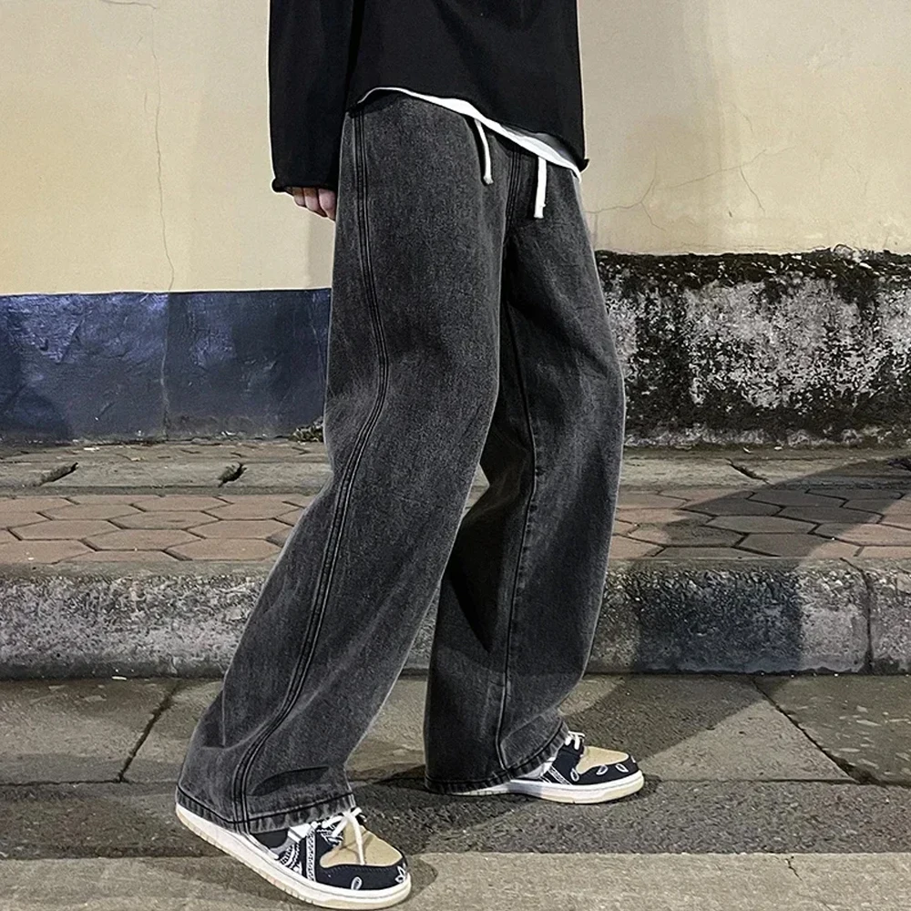 Pantalones vaqueros drapeados de Color liso para hombre, pantalón holgado, recto, coreano, Vintage, Hip-hop, Y2K, informal, de pierna ancha, para uso diario