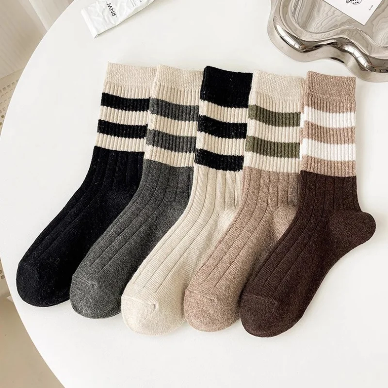 1 3 5 pares de calcetines a media pantorrilla a rayas para mujer, calcetines térmicos de punto para otoño e invierno, calcetines holgados Retro marrones para botas, calcetines informales para uso diario EU 35-42