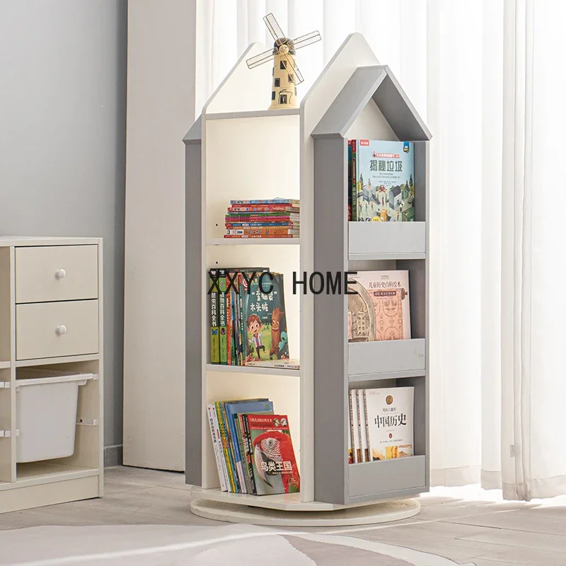 Rotary bookshelf children's solid wood 360-degree bookcase movable floor reading picture book shelf toy storage rack