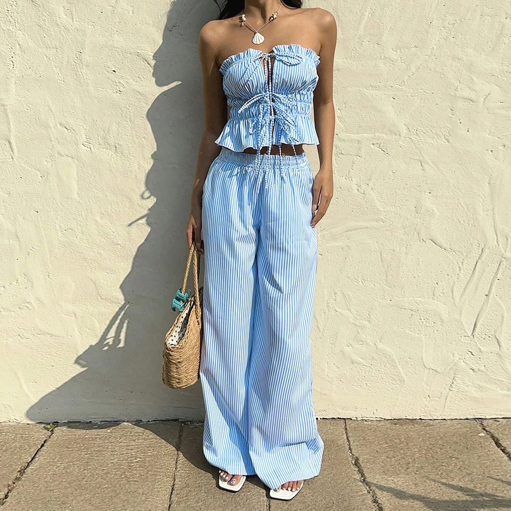 Mia Muse Sets Zomer K-Stijl Effen Kleur Lace-Up Ruches Mouwloos Strapless Hoge Taille Casual Broek Sets voor Vrouwen