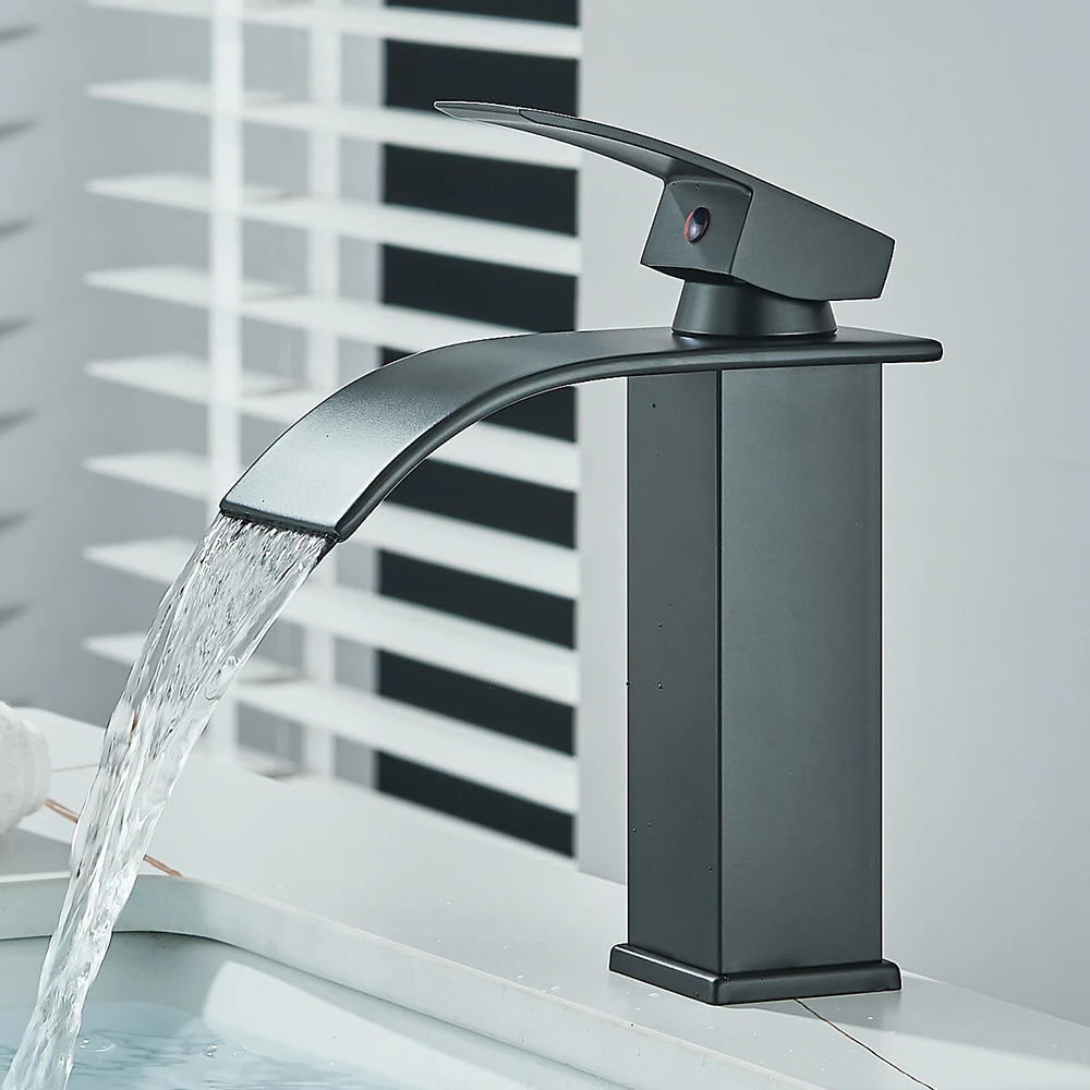 Quyanre Matte Schwarz Wasserfall Becken Wasserhahn Einzigen Griff Mixer Heißes Kaltes Wasser Becken Kran Wasserhahn Für Badezimmer Waschbecken Mischbatterie